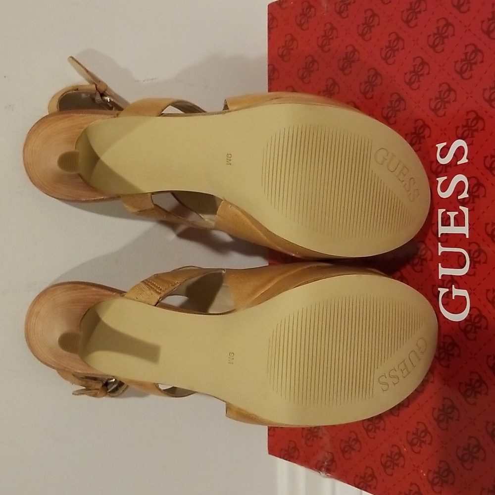 NWOT! Guess Medium Brown "Tan" Leather Platform Peep Toe Ankle Strap Heels - Picture 4 of 6